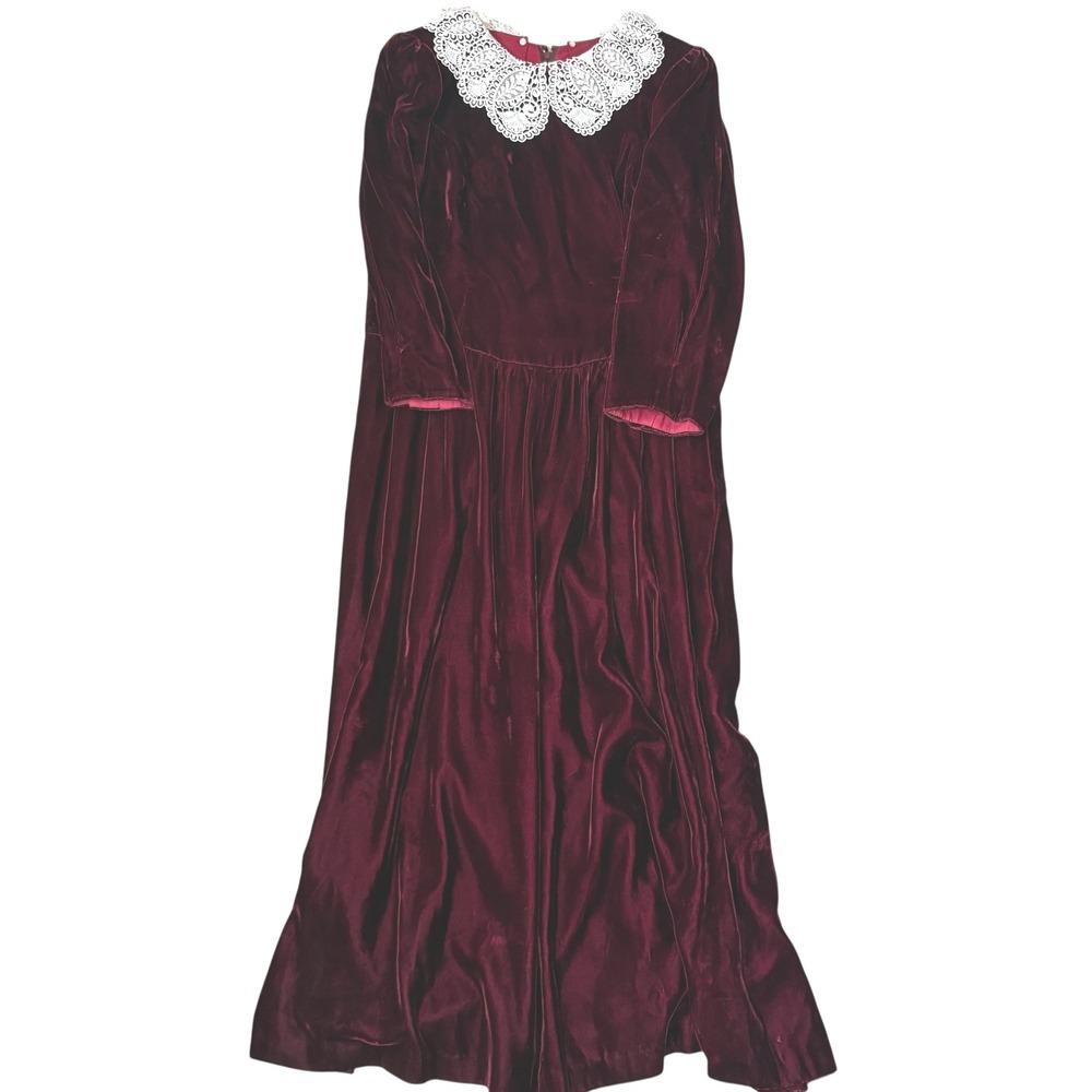 Lanz Originals VINTAGE Velvet Maxi Dress burgundy‎ Lace Collar Long Sleeve 14